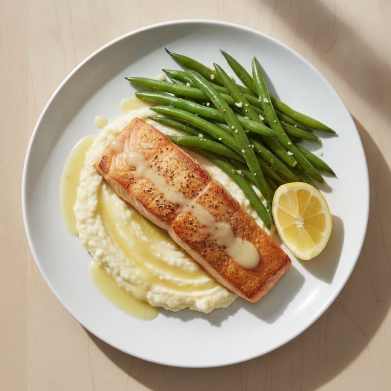 Seared Salmon with Steamed Green Beans and Cauliflower Mash