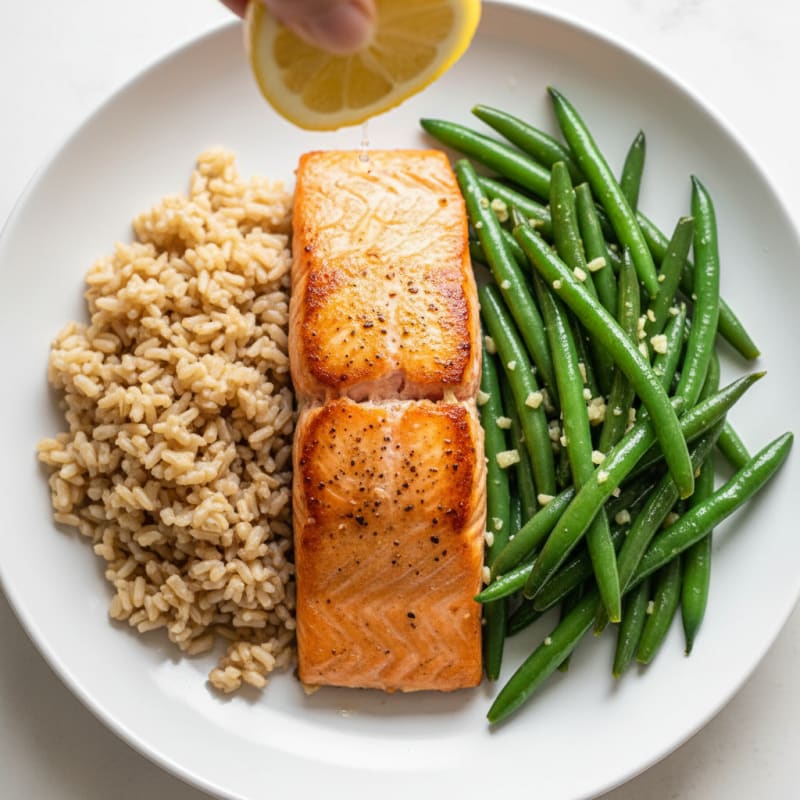 Seared Salmon with Garlic Green Beans and Brown Rice