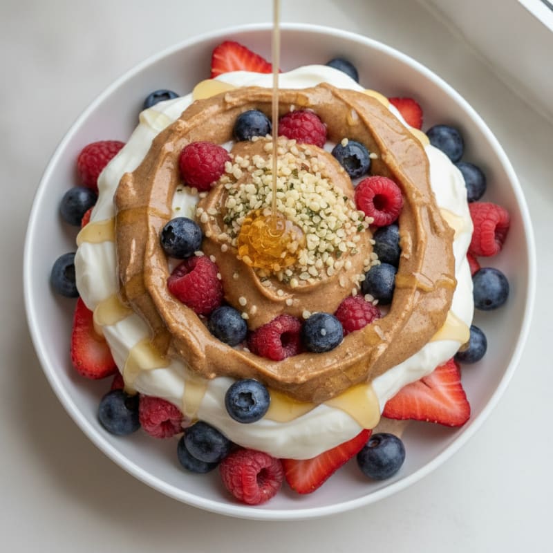 Greek Yogurt Protein Parfait with Mixed Berries and Almond Butter