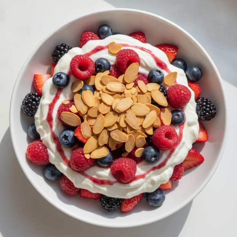 Greek Yogurt Protein Parfait with Mixed Berries and Almonds
