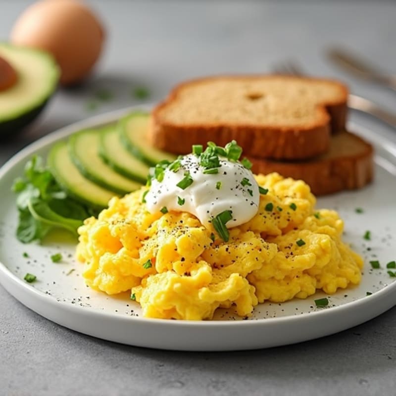 Wholesome Scrambled Eggs with Cottage Cheese, Crispy Sourdough, and Creamy Avocado