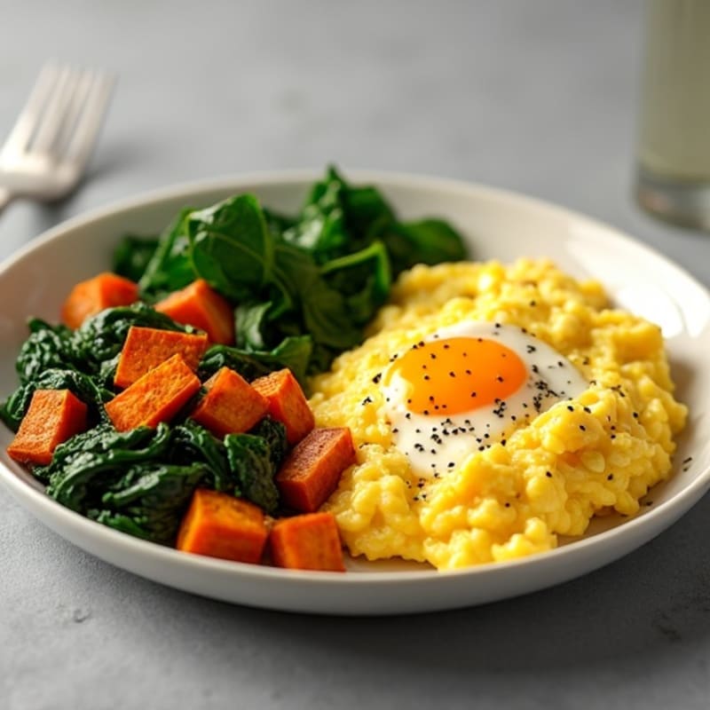 Fluffy Scrambled Eggs with Sautéed Spinach and Roasted Sweet Potatoes
