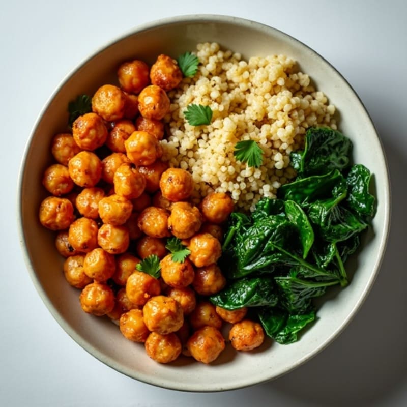 Crispy Roasted Chickpeas with Garlic-Herb Quinoa and Sautéed Spinach