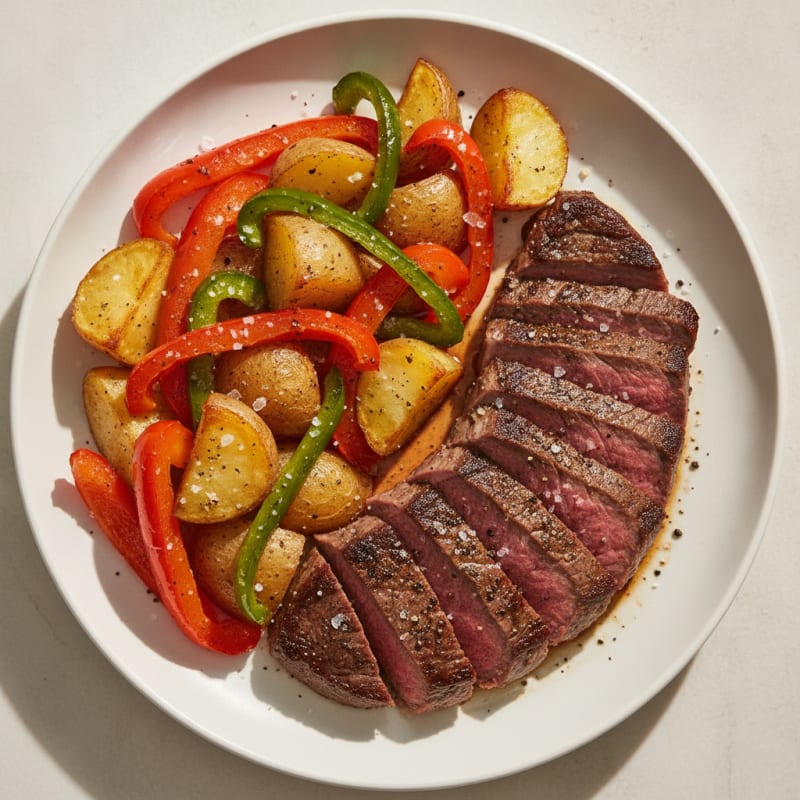 Seared Steak with Roasted Russet Potatoes and Sautéed Bell Peppers