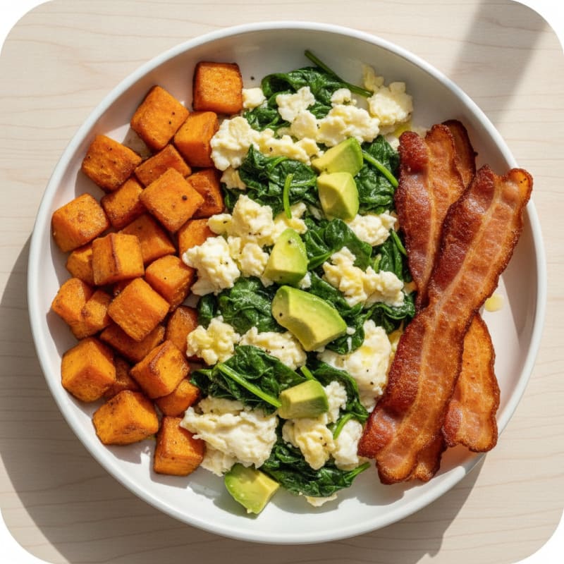 Crispy Turkey Bacon and Egg White Scramble with Sautéed Spinach