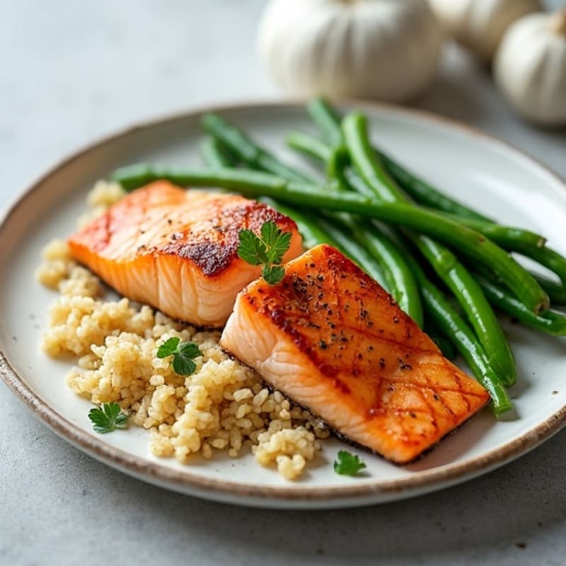 Seared Salmon Fillet with Garlic Green Beans and Quinoa