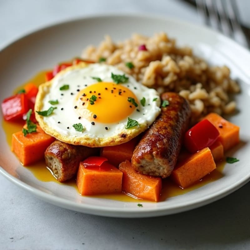 Egg White and Chicken Sausage Scramble with Sweet Potato Hash