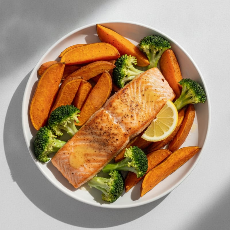 Seared Salmon with Roasted Sweet Potato and Steamed Broccoli