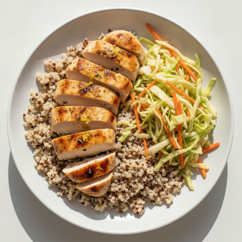 Grilled Chicken Breast with Crunchy Cabbage Slaw and Quinoa