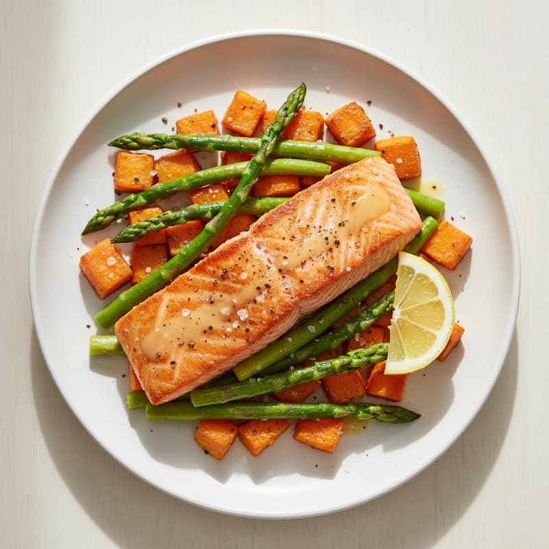 Seared Salmon with Roasted Sweet Potato and Asparagus