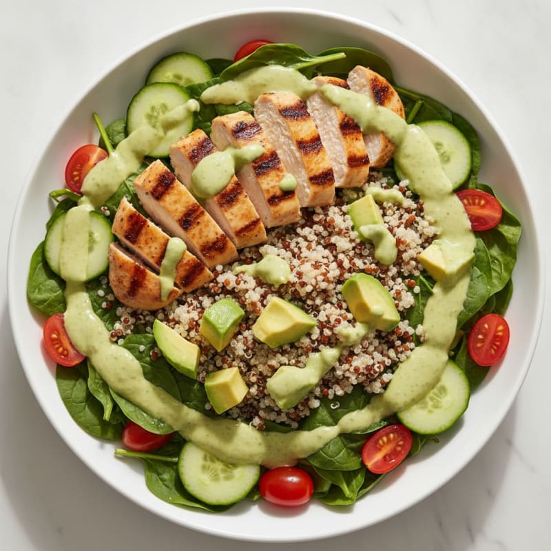 Grilled Chicken and Quinoa Power Salad with Creamy Avocado Dressing