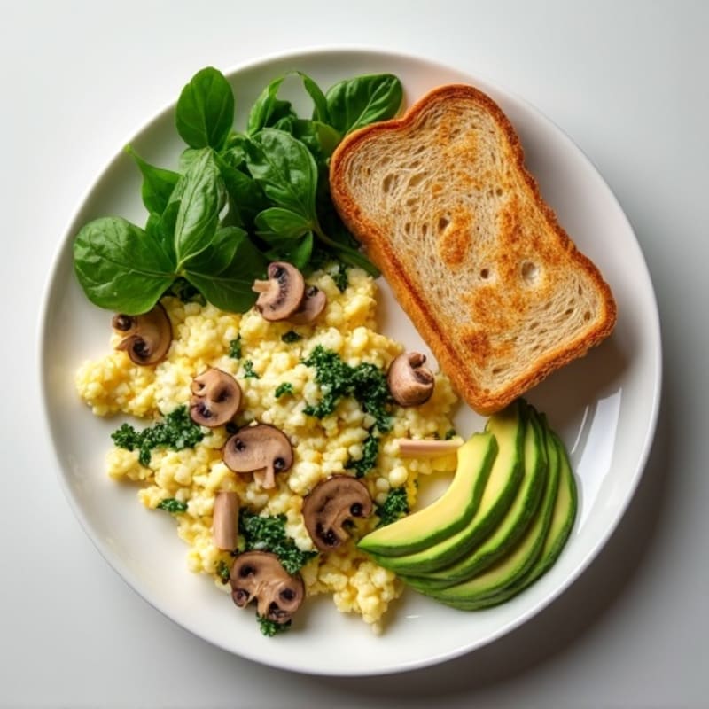 Egg White and Turkey Spinach Scramble with Sautéed Mushrooms