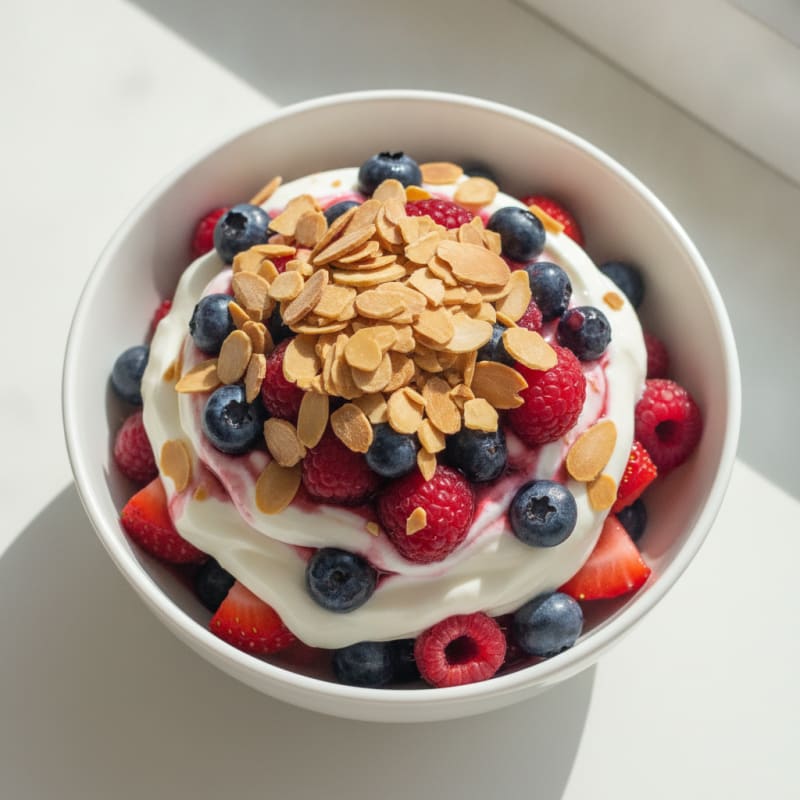Greek Yogurt Protein Parfait with Mixed Berries and Almonds