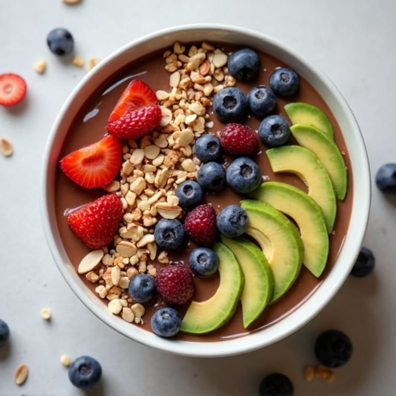 Creamy Chocolate Avocado Protein Smoothie Bowl with Crunchy Almonds and Fresh Berries