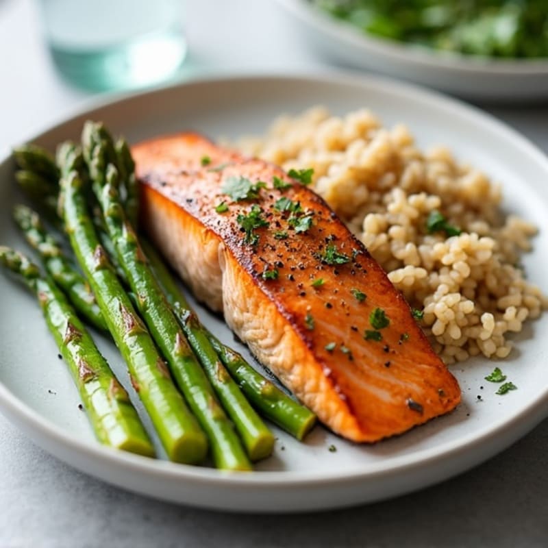 Seared Salmon Fillet with Steamed Asparagus and Brown Rice