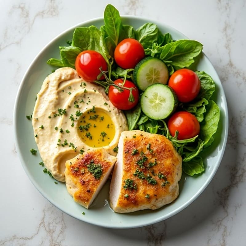 Lemon-Herb Chicken with Creamy Hummus and Fresh Vegetable Salad
