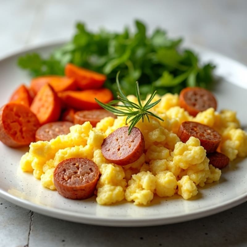 Egg White and Turkey Sausage Scramble with Roasted Sweet Potatoes