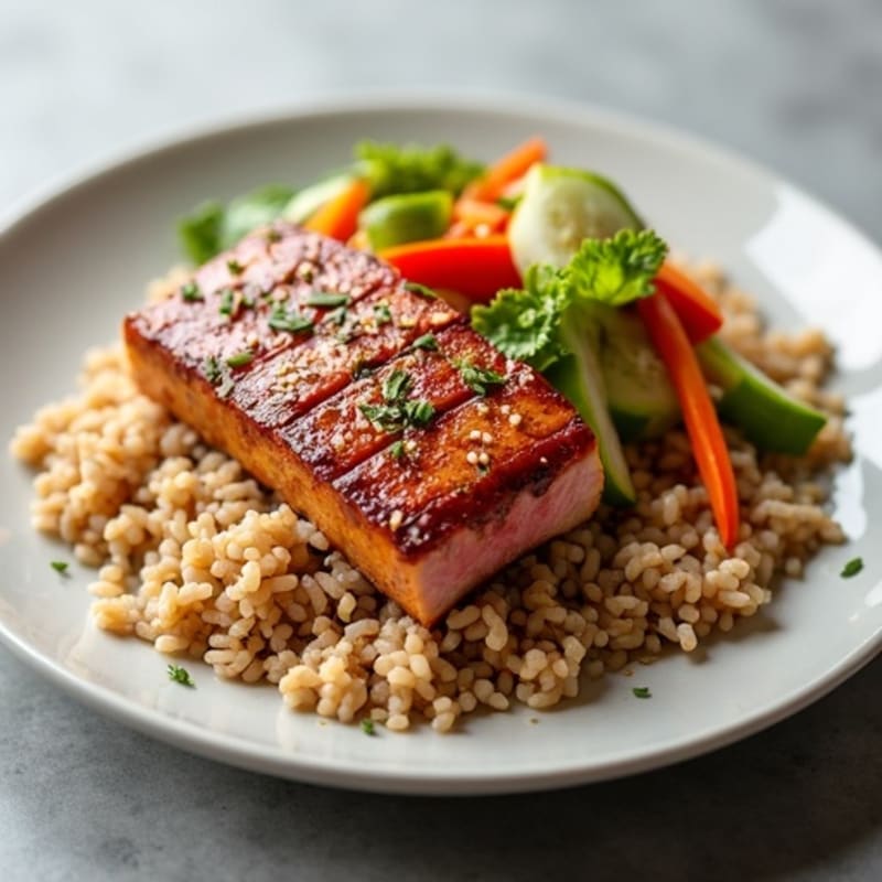Fresh Sesame-Ginger Tuna with Crisp Vegetables and Brown Rice