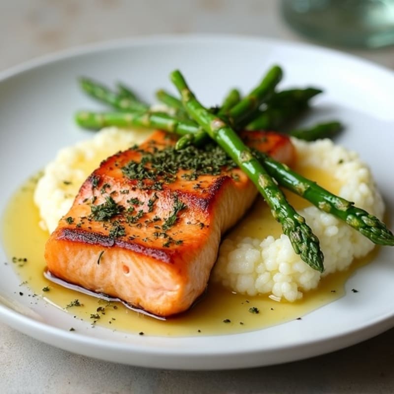 Seared Salmon with Steamed Asparagus and Cauliflower Mash