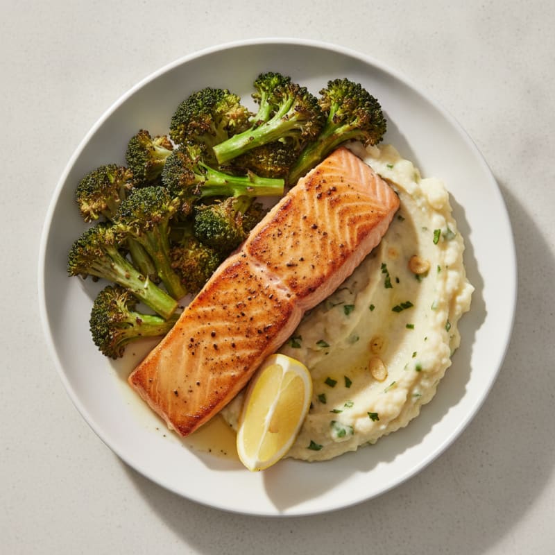 Seared Salmon Filet with Roasted Broccoli and Garlic Mash