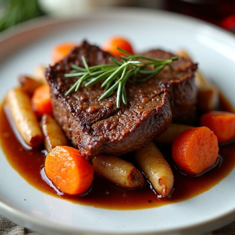 Slow-Cooked Tender Beef with Root Vegetables and Savory Red Wine Herb Sauce