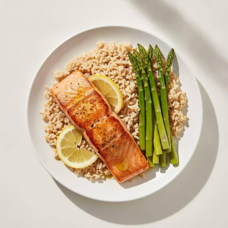 Seared Salmon with Steamed Asparagus and Brown Rice