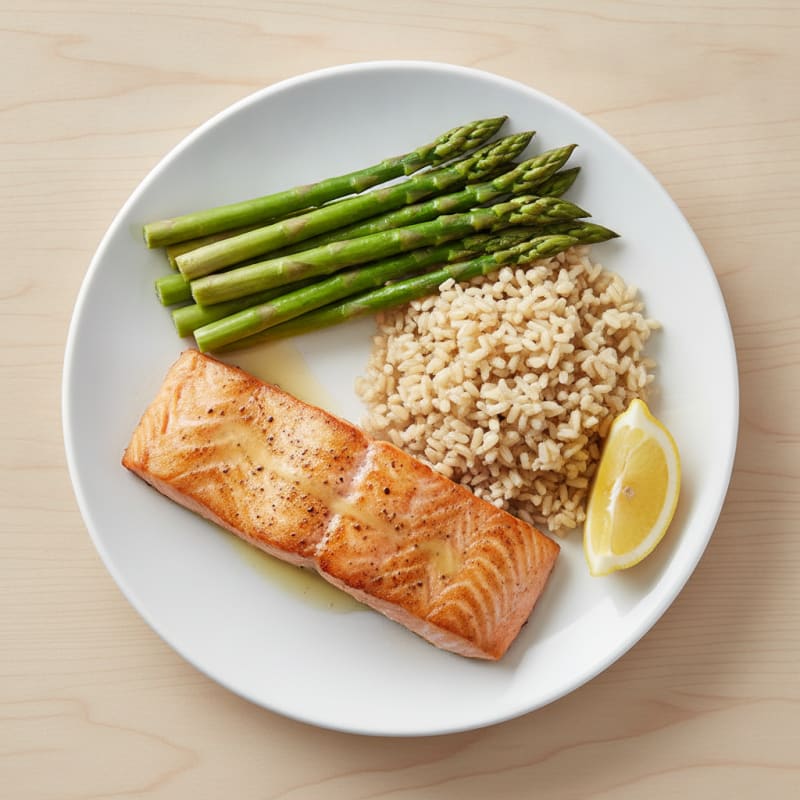 Seared Salmon Fillet with Steamed Asparagus and Brown Rice