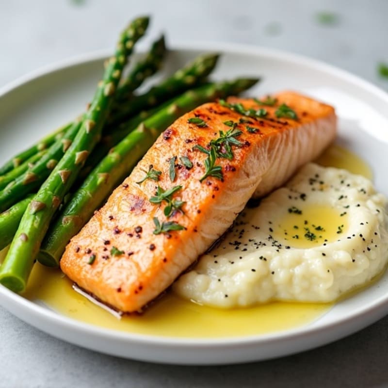 Seared Salmon with Steamed Asparagus and Cauliflower Mash