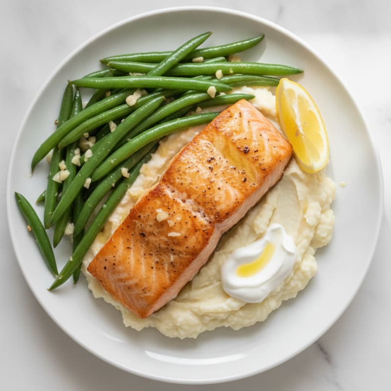 Seared Salmon with Garlic Green Beans and Cauliflower Mash
