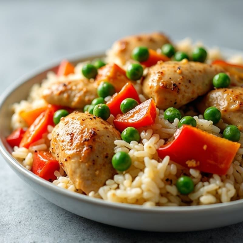 One-Pan Savory Chicken and Rice with Bell Peppers and Peas