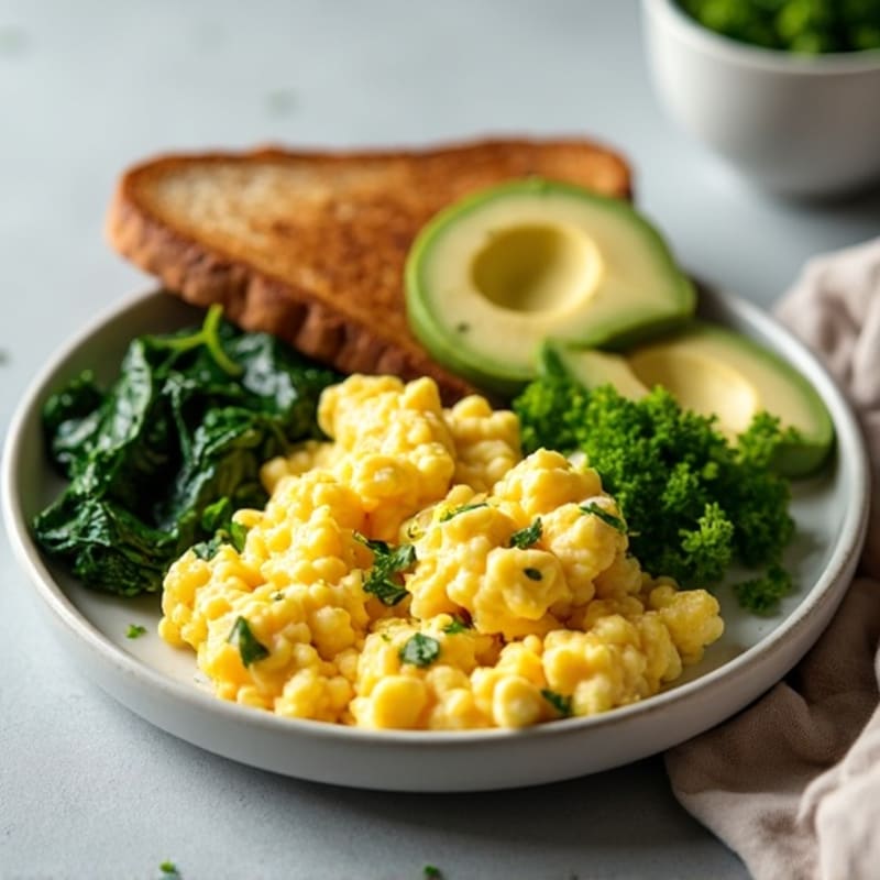 Scrambled Egg Whites with Turkey Sausage, Sautéed Spinach, Toast & Avocado