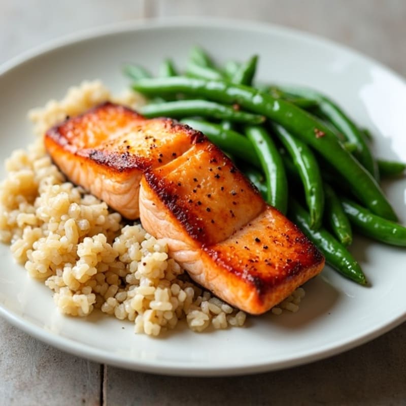 Seared Salmon with Steamed Green Beans and Brown Rice