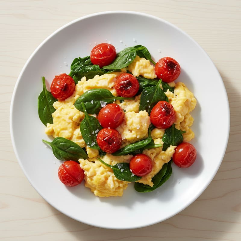Scrambled Eggs with Sautéed Spinach and Cherry Tomatoes