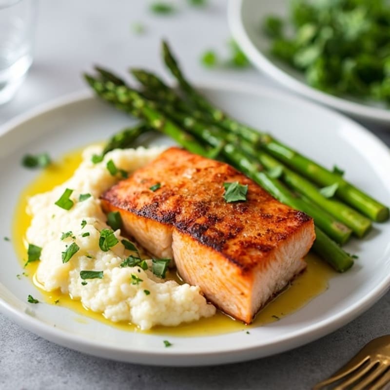 Seared Salmon with Steamed Asparagus and Cauliflower Mash