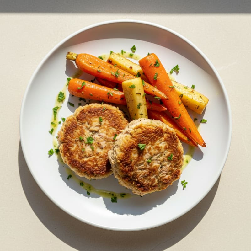 Pan-Seared Tuna Patties with Roasted Root Vegetables