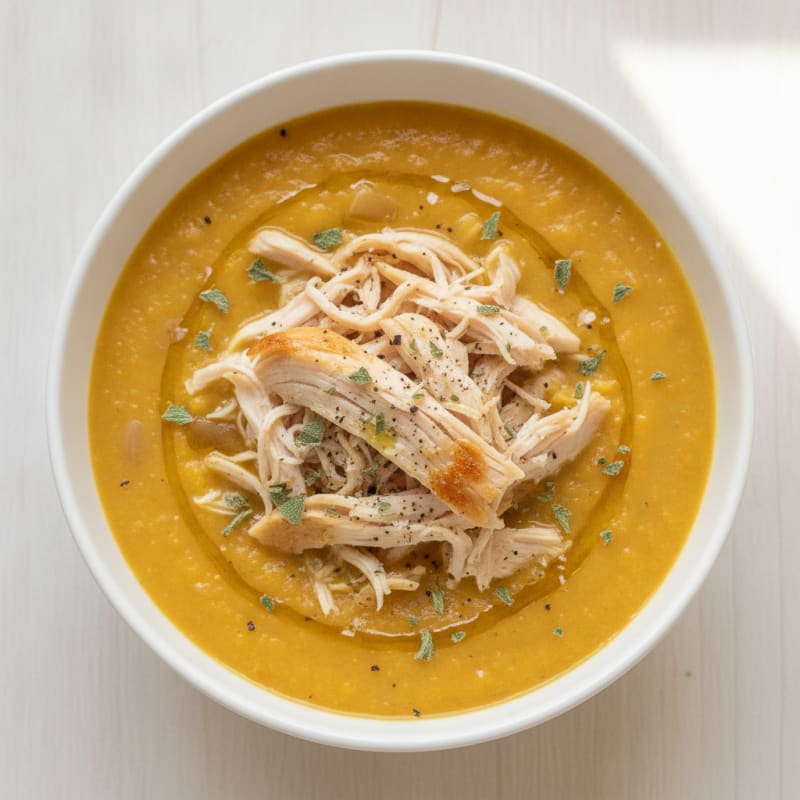 Roasted Butternut Squash and Apple Soup with Shredded Chicken