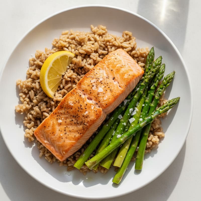 Seared Salmon Fillet with Steamed Asparagus and Brown Rice