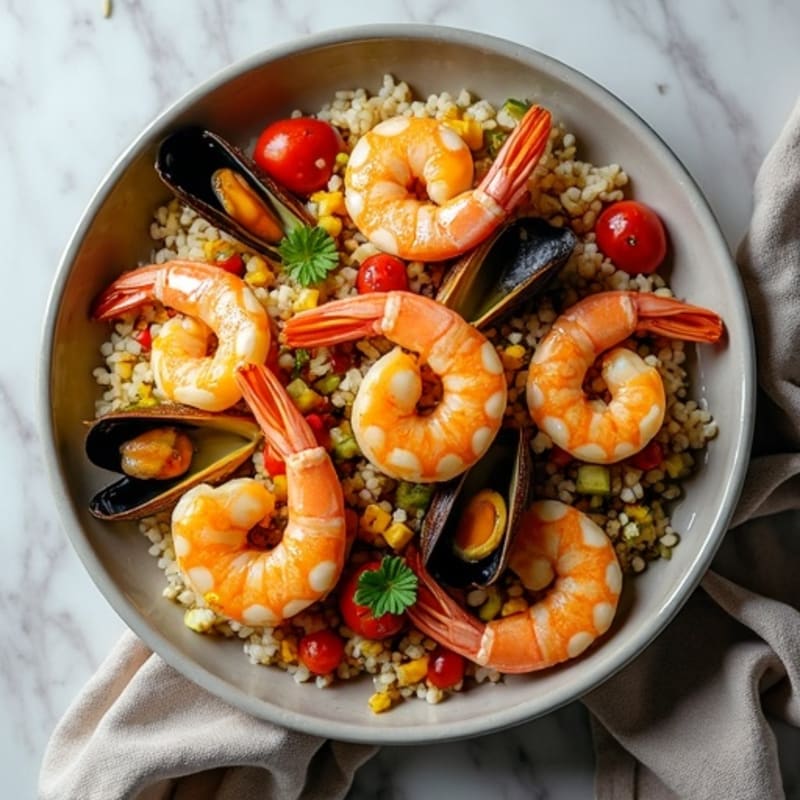 One-Pan Saffron Seafood with Tender Rice and Roasted Vegetables