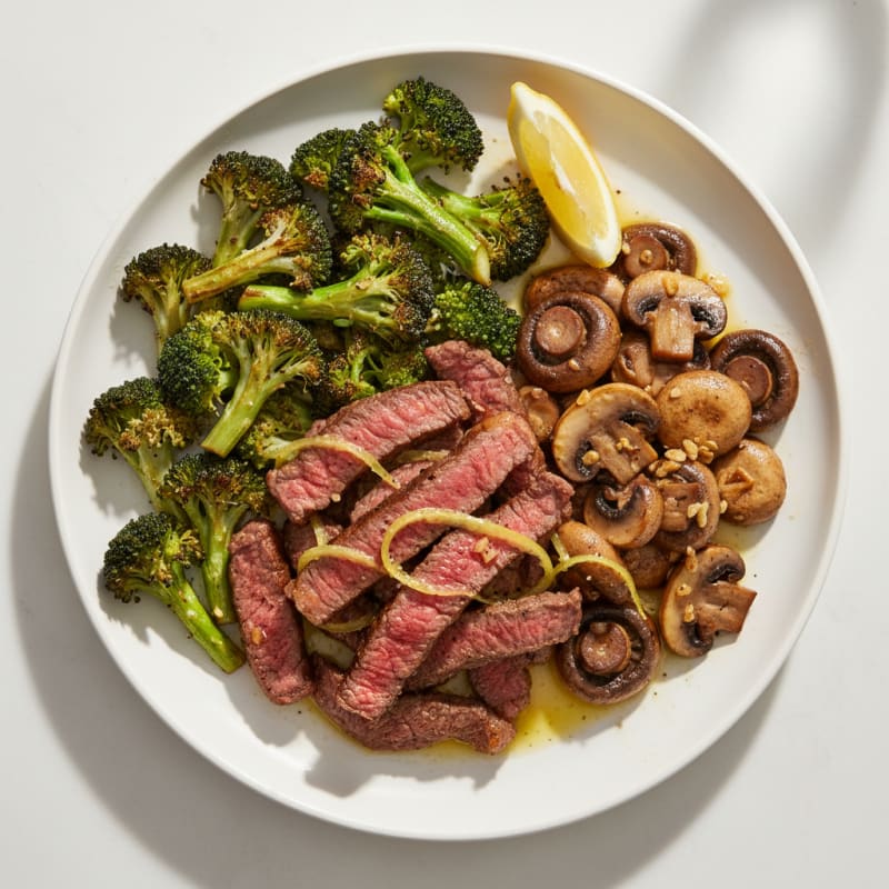 Seared Lean Beef Strips with Roasted Broccoli and Garlic Mushrooms