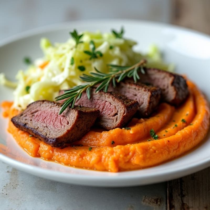 Herb-Roasted Beef with Creamy Carrot Mash and Crunchy Cabbage Slaw