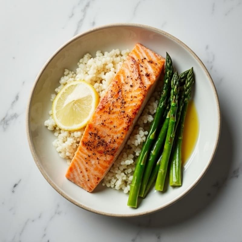 Seared Salmon with Steamed Asparagus and Cauliflower Rice