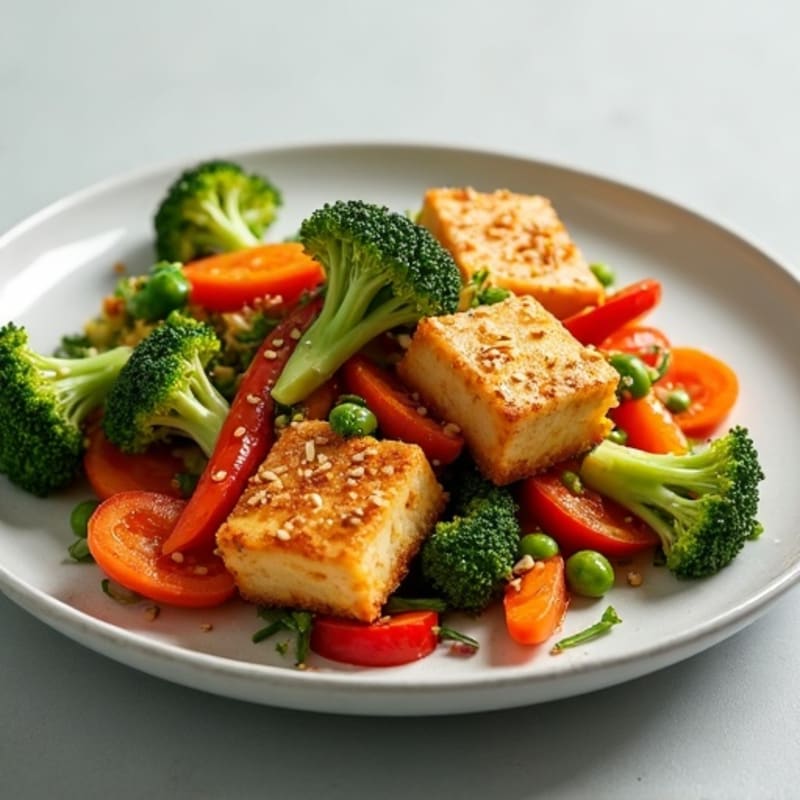 Crispy Sesame-Ginger Tofu with Stir-Fried Vegetables