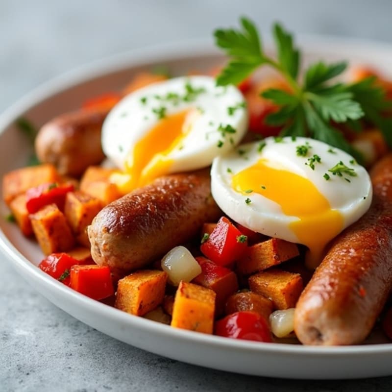 Turkey Sausage and Crispy Sweet Potato Hash with Poached Eggs
