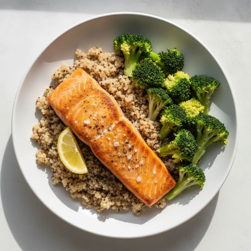 Seared Salmon with Steamed Broccoli and Quinoa