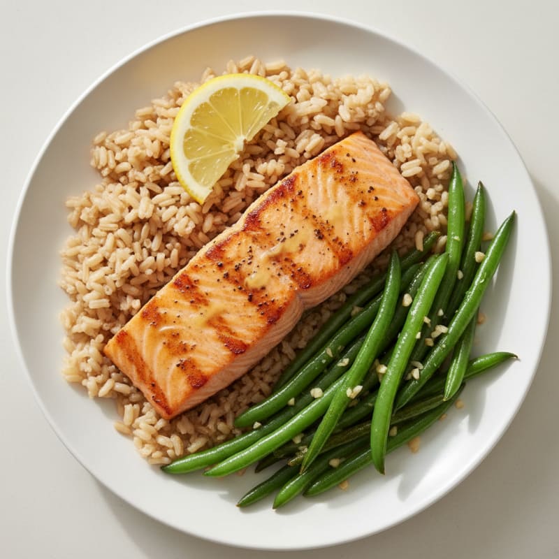 Seared Salmon with Garlic Green Beans and Brown Rice