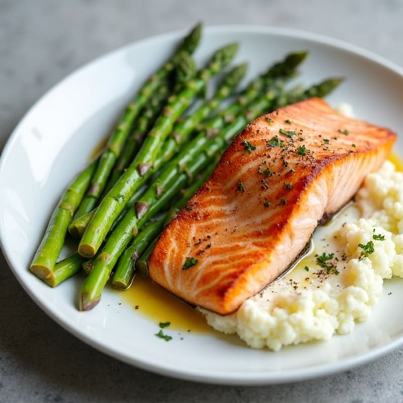 Seared Salmon with Steamed Asparagus and Cauliflower Mash