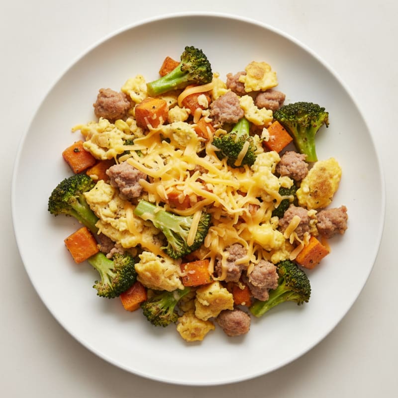 Egg and Turkey Sausage Scramble with Sautéed Broccoli and Cheddar