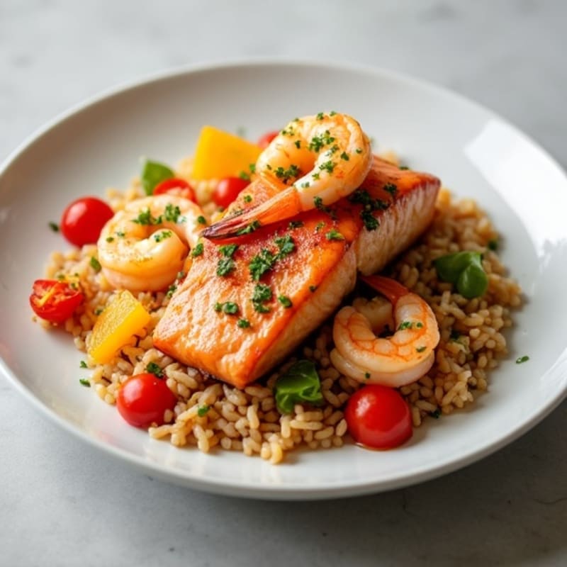 Citrus-Glazed Salmon with Garlic Shrimp over Fresh Garden Rice