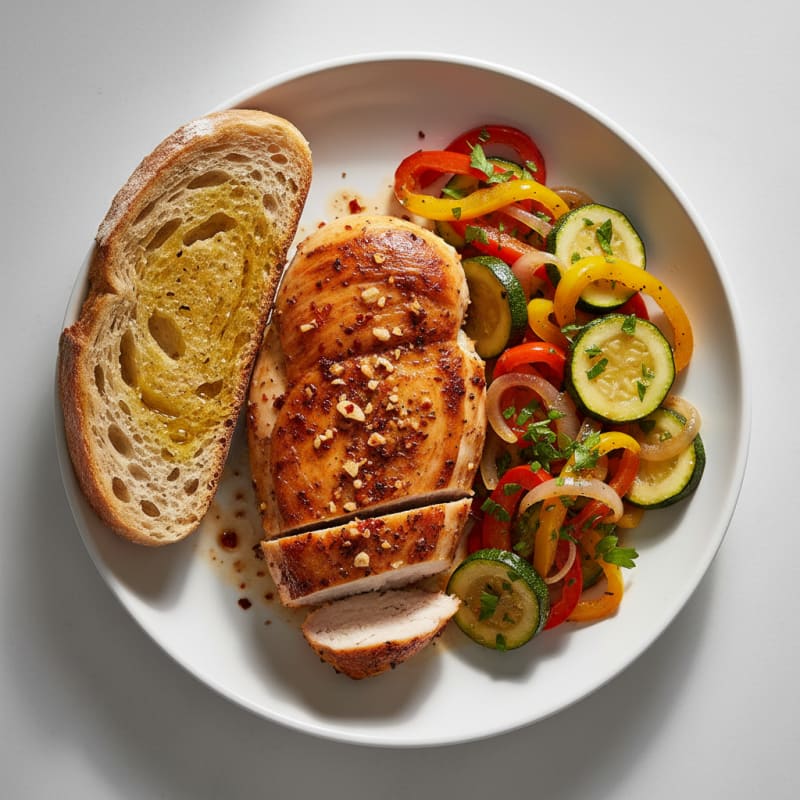 Roasted Chicken Breast with Sautéed Vegetables and Rustic Bread