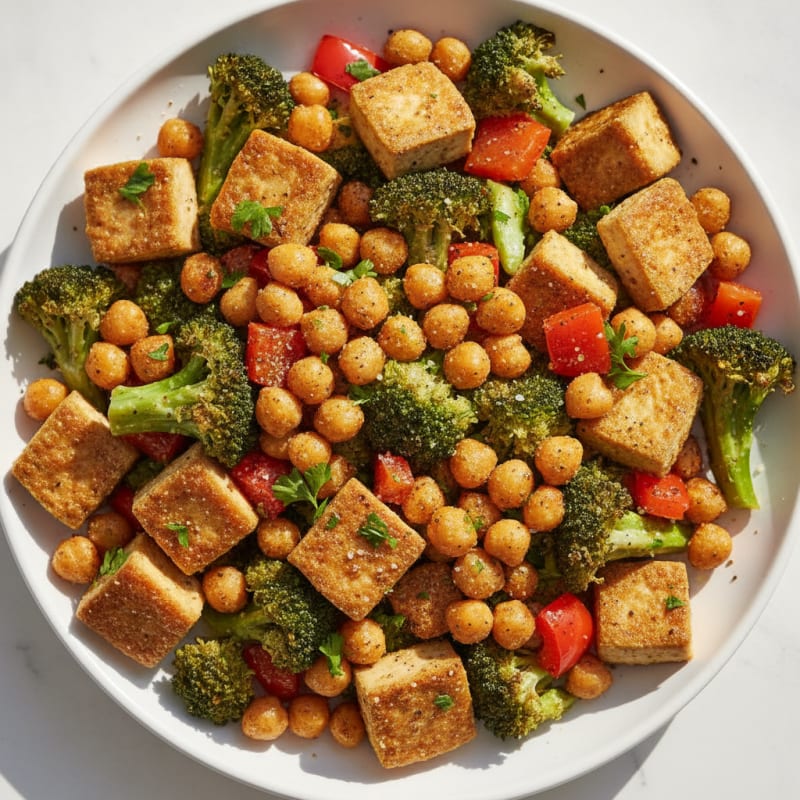Roasted Tofu and Chickpea Vegetable Medley with Herb Vinaigrette